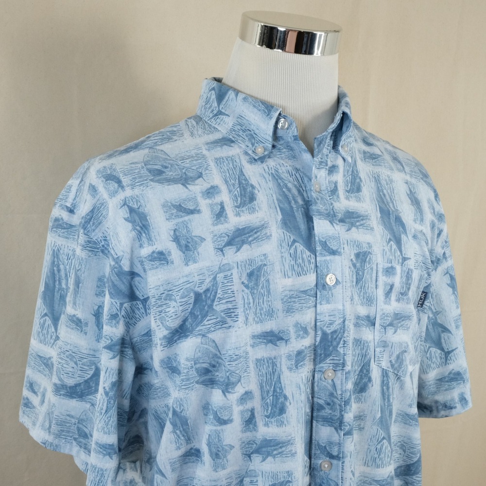 Huk XL Performance Fishing Hawaiian Button Down Shirt Blue Fish Print Men